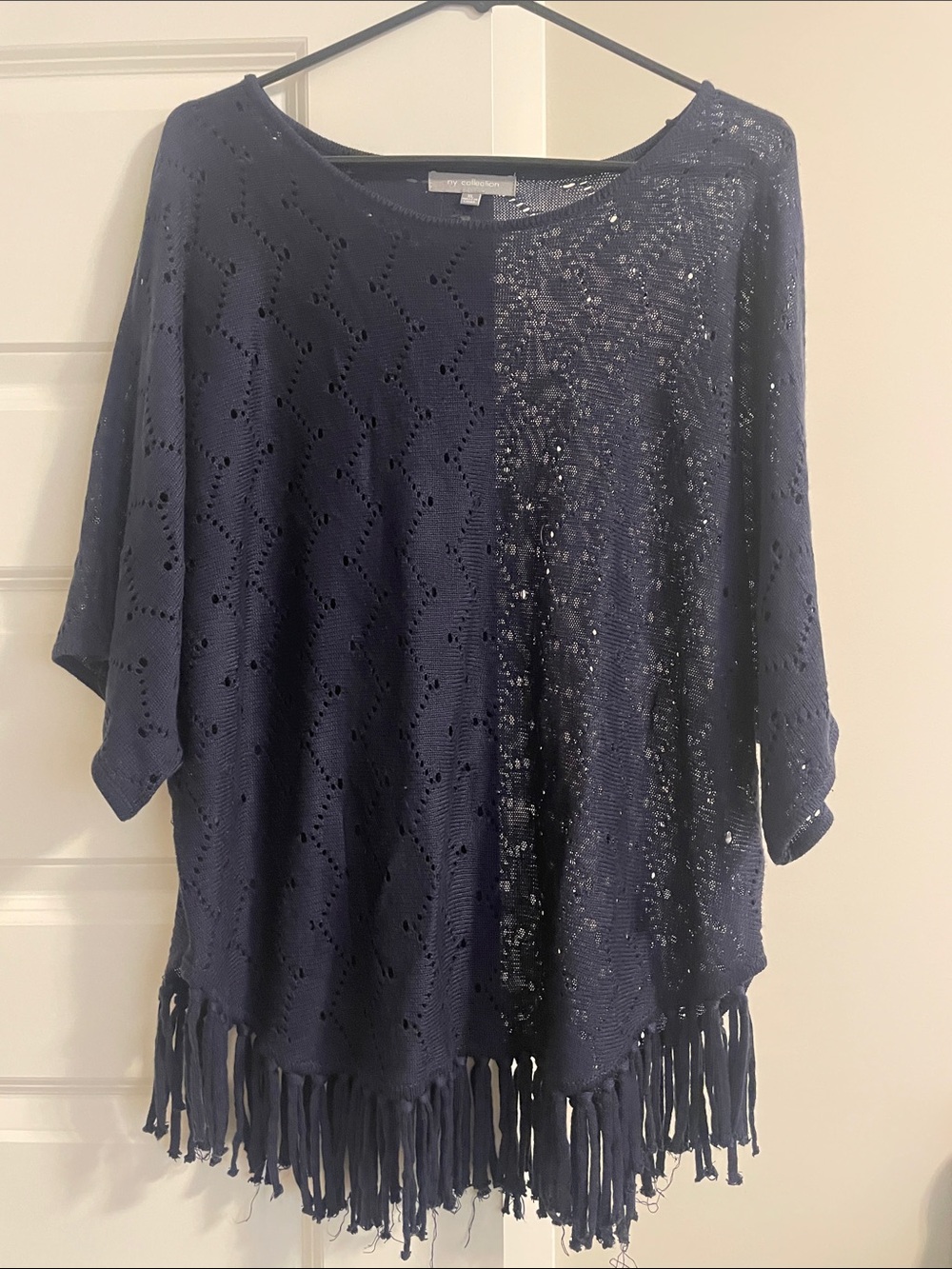 NY Collection Navy Open-Knit Fringe Pullover Sweater